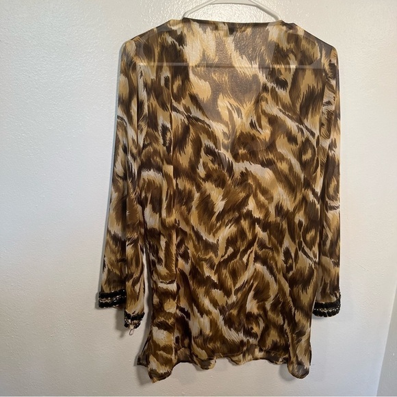 Adrienne Vittadini Sheer Tunic Top Brown Geo - Picture 6 of 12